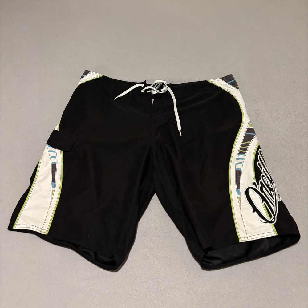 Oneill Mens Board Shorts Size 38 Black Green Graphic Swim Trunks Beachwear
